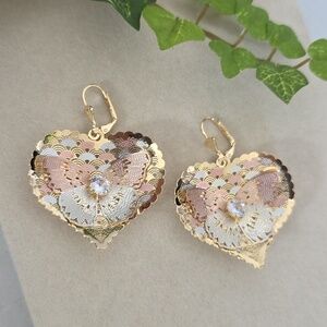 Tricolor Gold Filled Filigree Heart Shape Dangle Earrings with Butterfly Motif